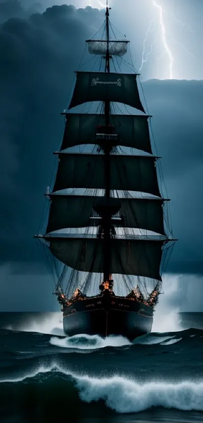 Majestic ship navigating stormy seas under lightning.