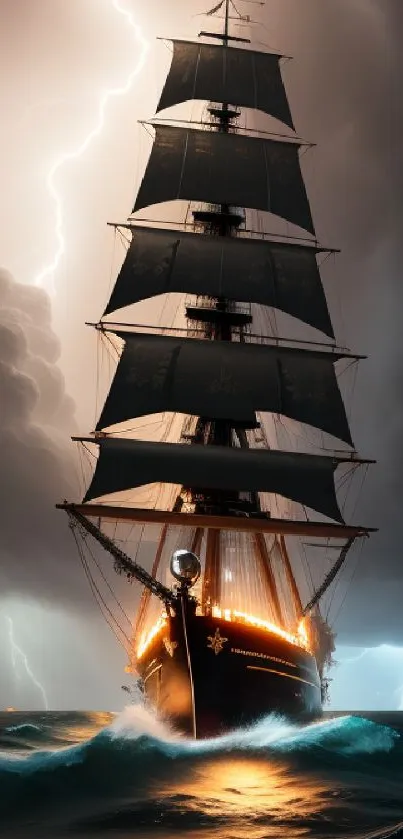 A majestic ship sails through a storm, illuminated by lightning strikes over the ocean.