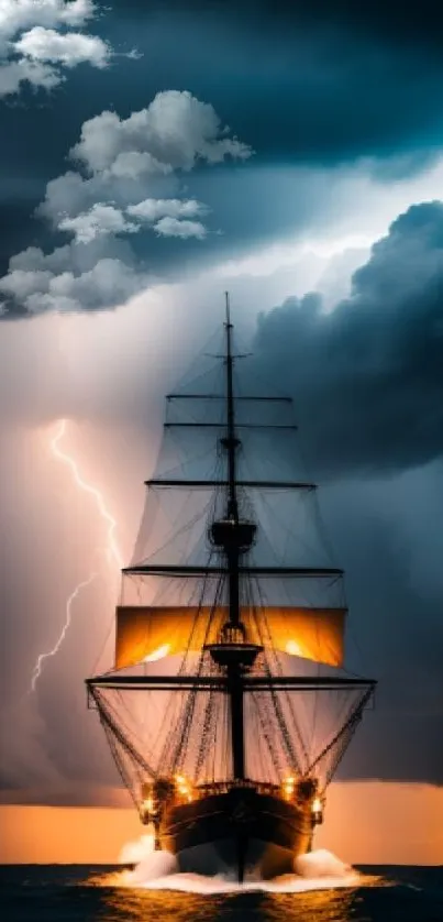 A majestic ship sails through a stormy sea with bolts of lightning illuminating the clouds.