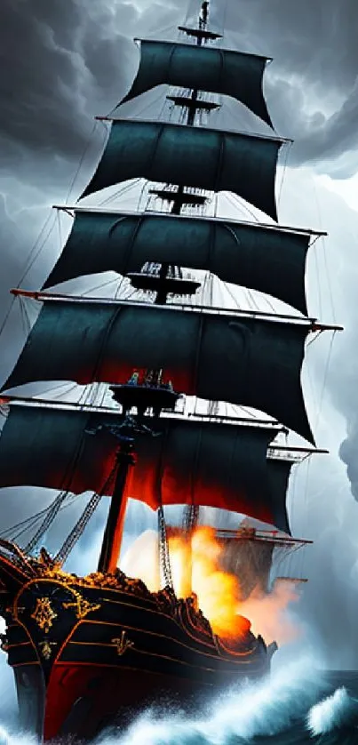 Dramatic ship sailing through a storm with dark clouds and fiery glow.