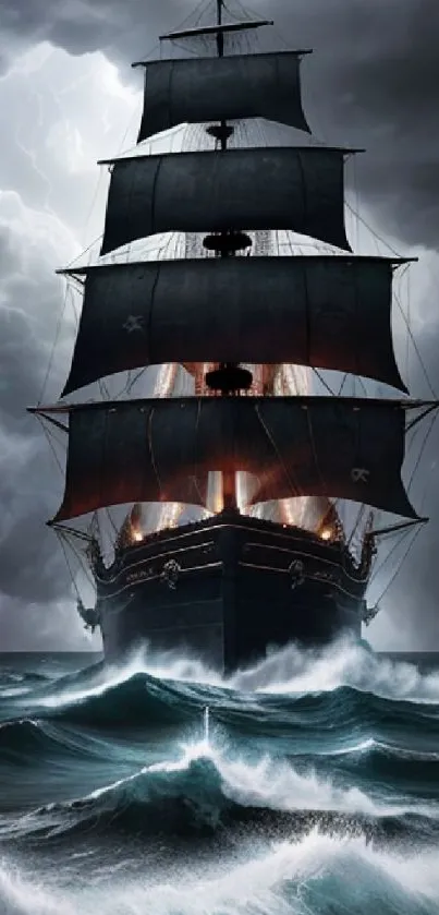 Majestic ship sailing through a storm with dark clouds and turbulent seas.