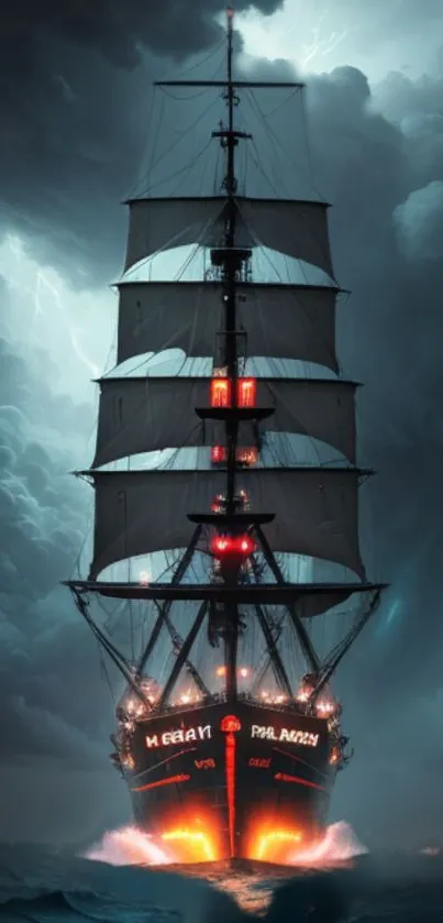 Majestic ship navigating through a stormy sea with dark gray clouds overhead.