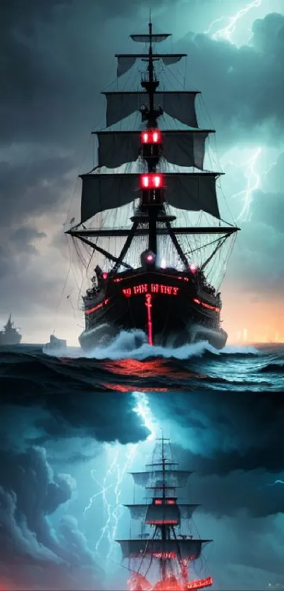 Dramatic ship sailing through storm with lightning.