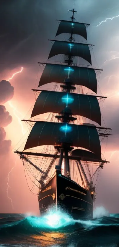 Ship sailing through a storm with lightning, creating a dramatic ocean scene.