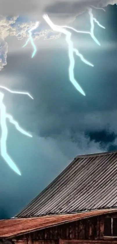 Stormy sky with lightning behind a cabin.