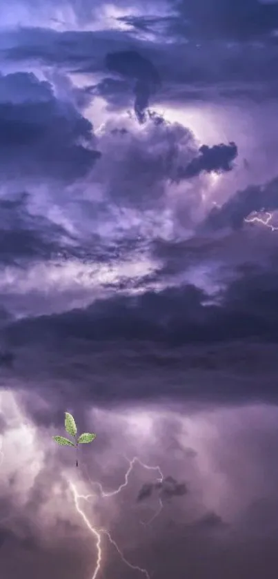 Purple stormy sky with lightning bolt and clouds.