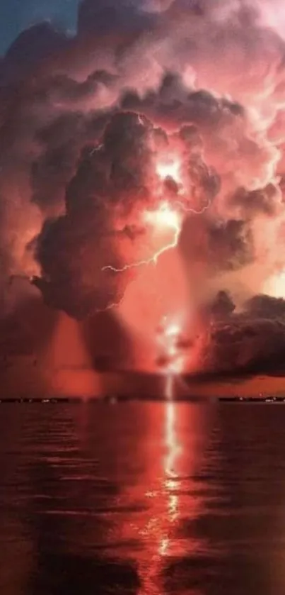 Dramatic stormy sky with lightning and vibrant red clouds over water reflection.