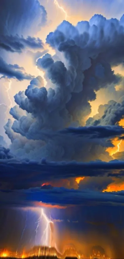 Dramatic stormy sky with lightning and clouds wallpaper.