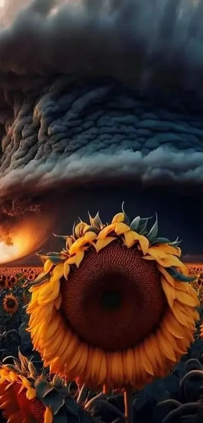 Dramatic stormy sky over sunflower field wallpaper.