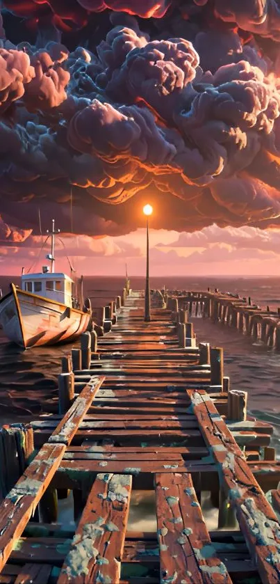 Wooden pier with boat under dramatic sunset clouds.