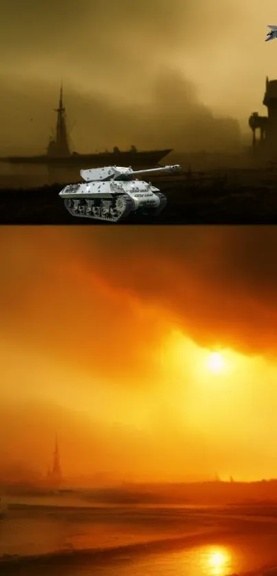 Dramatic battlefield art with a sunset and tank.