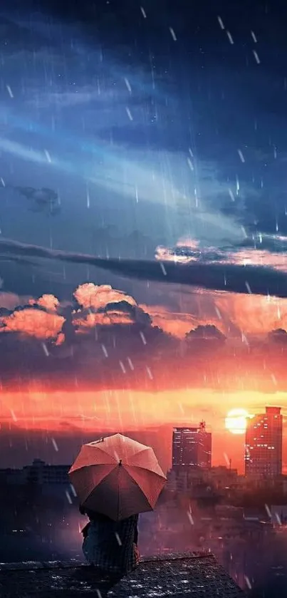 Vibrant cityscape at sunset with umbrella under the rain, evoking a moody atmosphere.