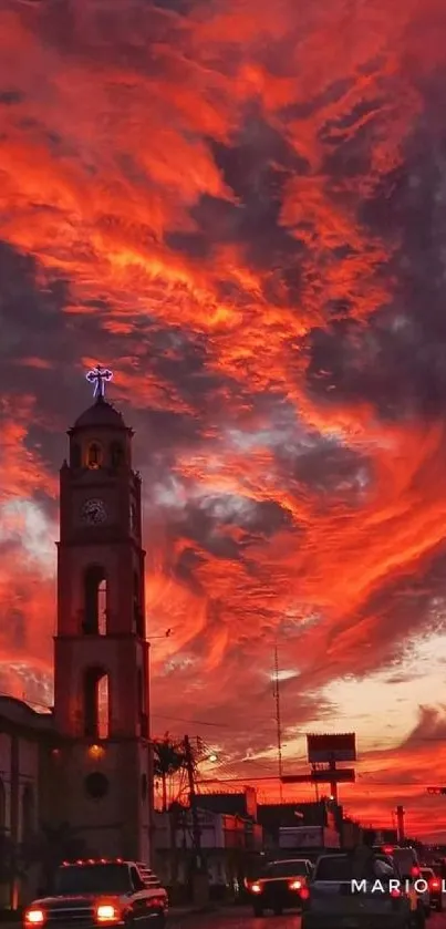 Vivid crimson sunset painting the sky over a striking cityscape in the evening.