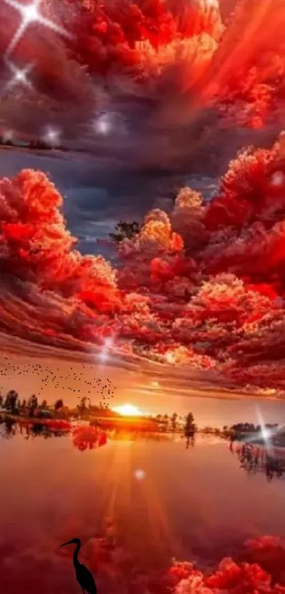 Vibrant red sunset clouds above a tranquil reflective lake.