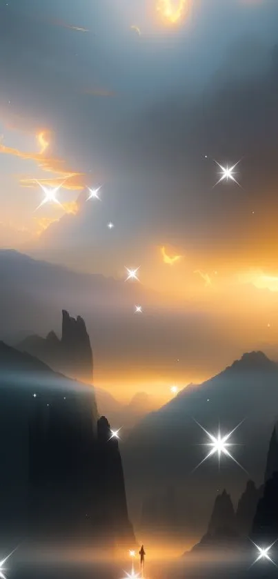 Dramatic sunset over misty mountains with glowing sky and dark silhouettes.