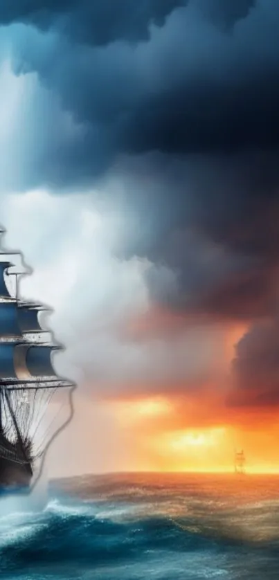 Ship sails into a vibrant sunset with dramatic stormy sky.