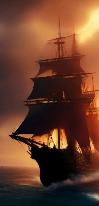 Majestic ship sails into a vibrant sunset over the ocean.