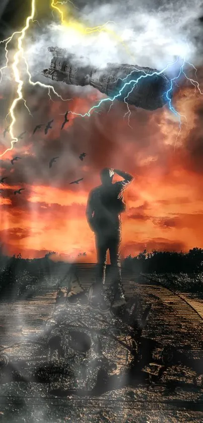 Silhouette of a person against a fiery red sunset sky on a rural path.