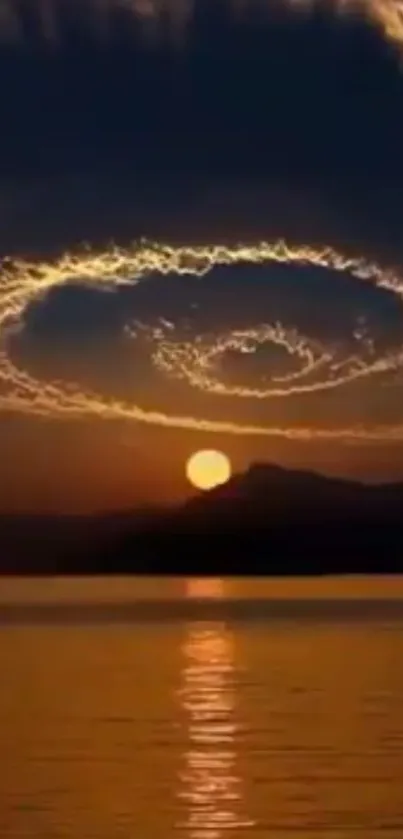 Spiral clouds in sunset sky reflecting over calm water.