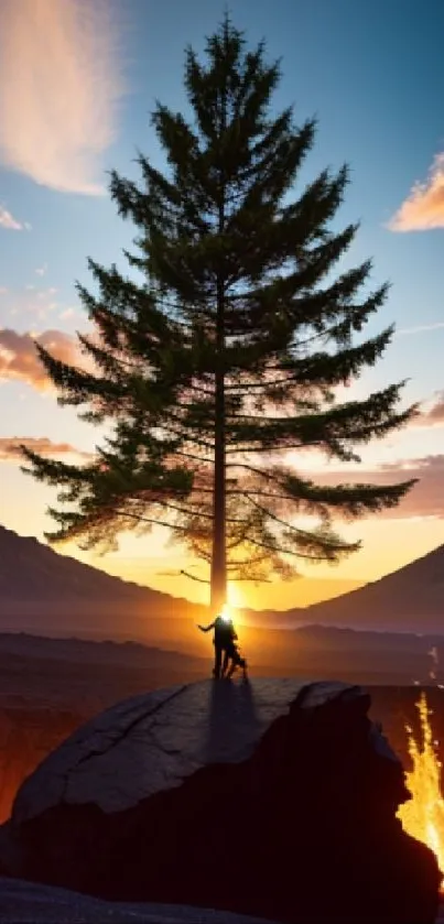 Silhouette of a tree against a dramatic sunset sky with lava glow.