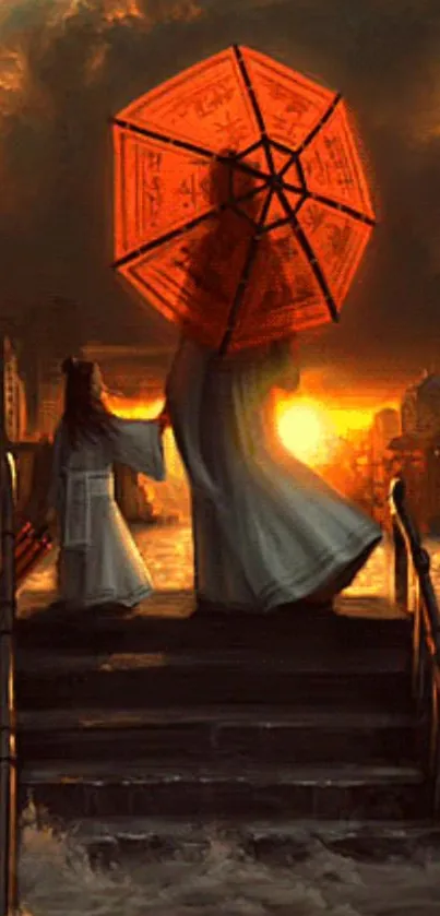 Silhouetted figures under a red umbrella at sunset, with cityscape backdrop.