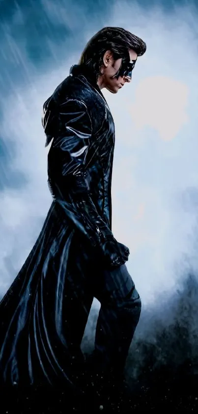 Dark silhouette of a superhero in rain.