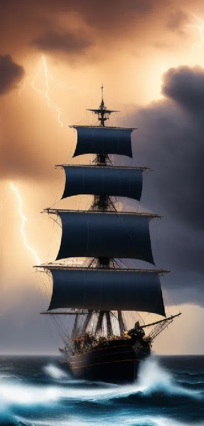 A tall ship navigates through a stormy sea under dramatic lightning.