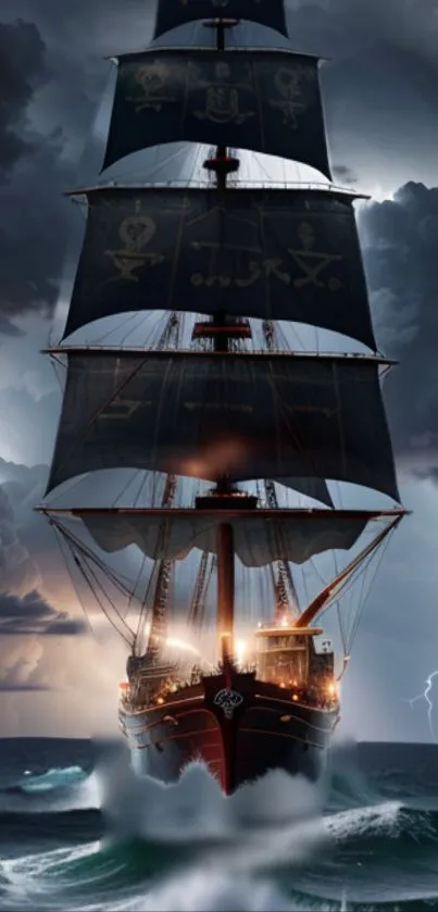 Tall ship sailing in stormy seas with lightning in the background.