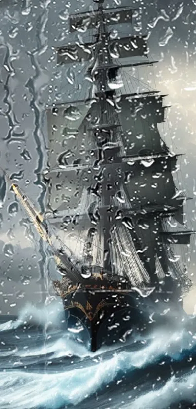 Majestic tall ship sailing through stormy seas with striking lightning and dark clouds.