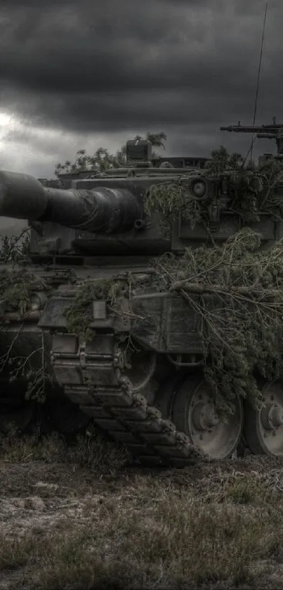 Dramatic military tank under a stormy sky.