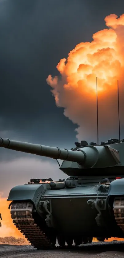 Tank with fiery sky and explosion backdrop, dramatic military scene.