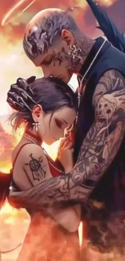 Tattooed couple embracing in fiery art scene.