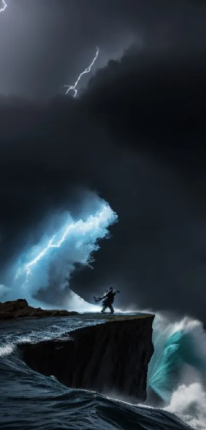 Person standing on a cliff with lightning striking above dramatic ocean waves.