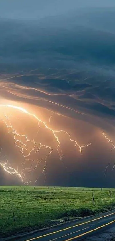 Dramatic thunderstorm with lightning over a rural road.