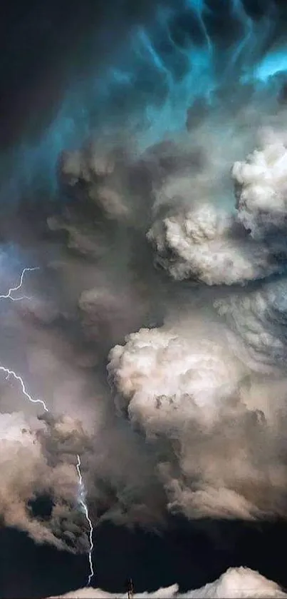 Dramatic thunderstorm with lightning and swirling dark clouds.