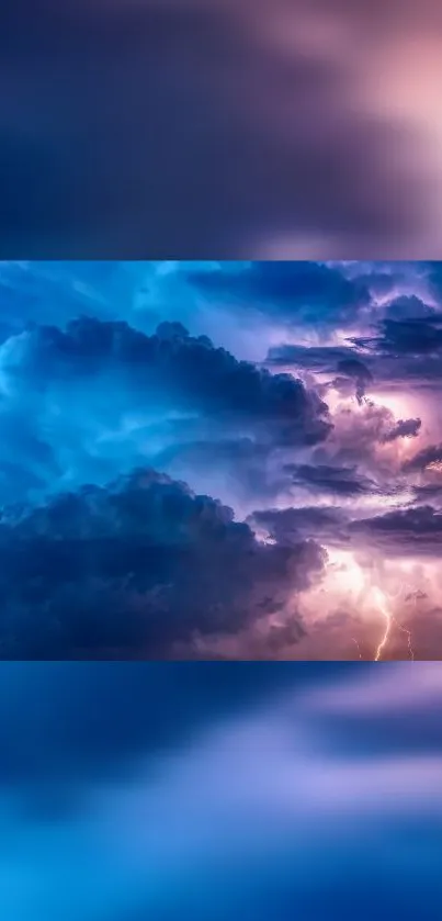 Dramatic blue thunderstorm with lightning amidst clouds.