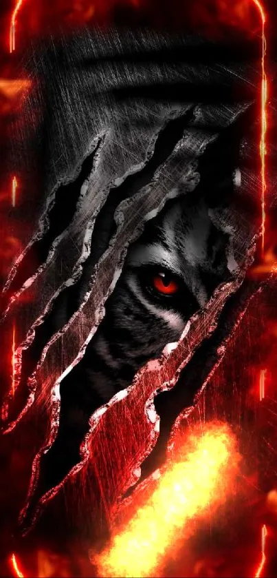 Fierce tiger eye with red highlights and scratch marks on dark background.