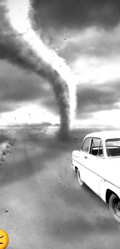 Black and white tornado with a vintage car on a deserted road.