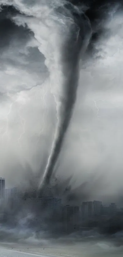 Powerful tornado over a cityscape with dramatic clouds.