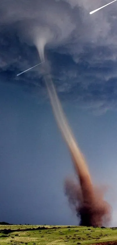 Majestic tornado spirals under a dramatic stormy sky.