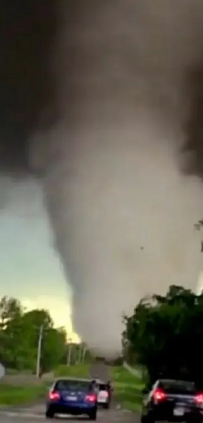 Towering tornado in dramatic stormy sky.