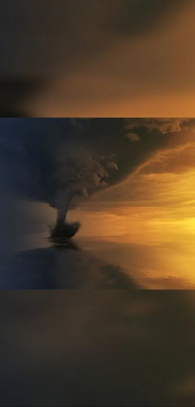 Dramatic tornado under a golden sunset landscape.