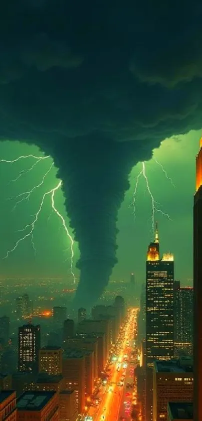 Tornado and lightning over a city at night.