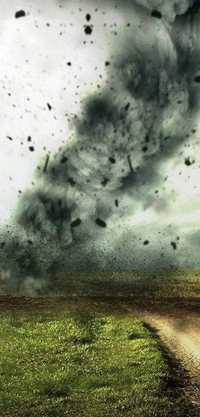 Tornado swirls through grassland, ominous sky overhead.