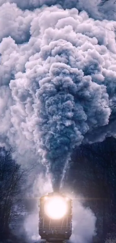 Dramatic train emitting large plumes of smoke through a forest.