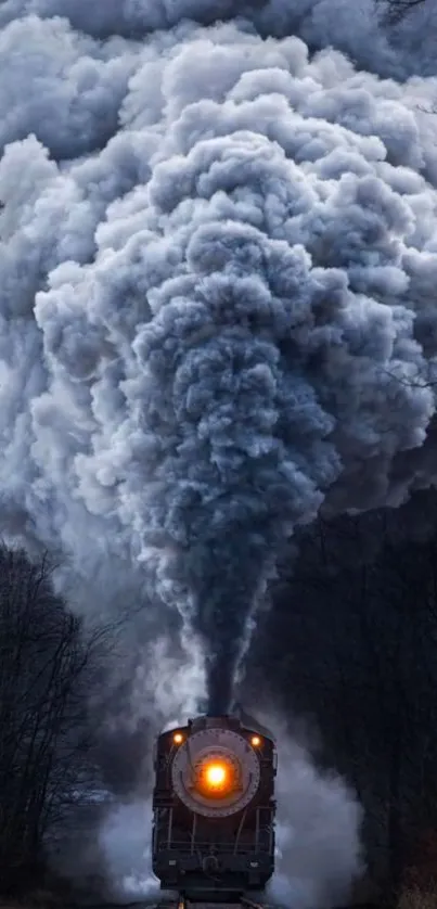 Vintage steam train with dramatic smoke in a twilight forest.