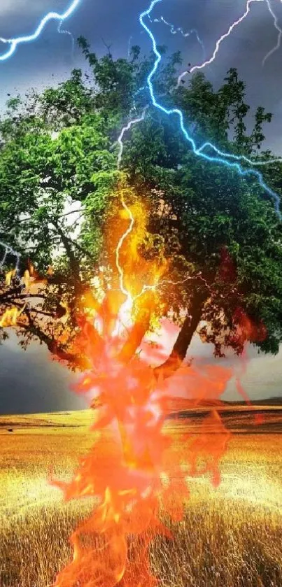 Dramatic scene of tree struck by lightning with fire.