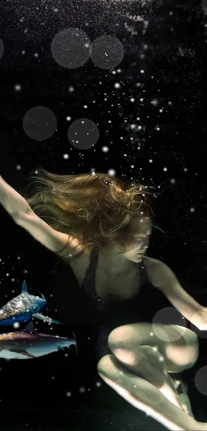Woman underwater with alarm and shoe in dark, artistic setting.