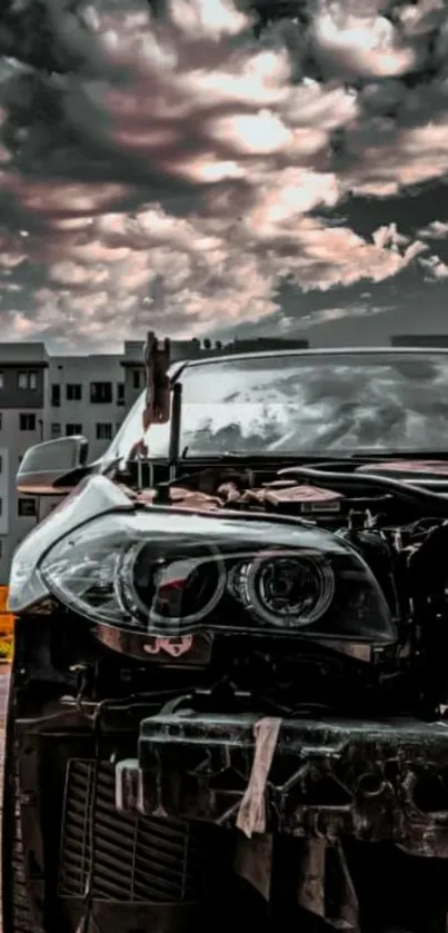 Moody car with cloudy sky in urban setting.