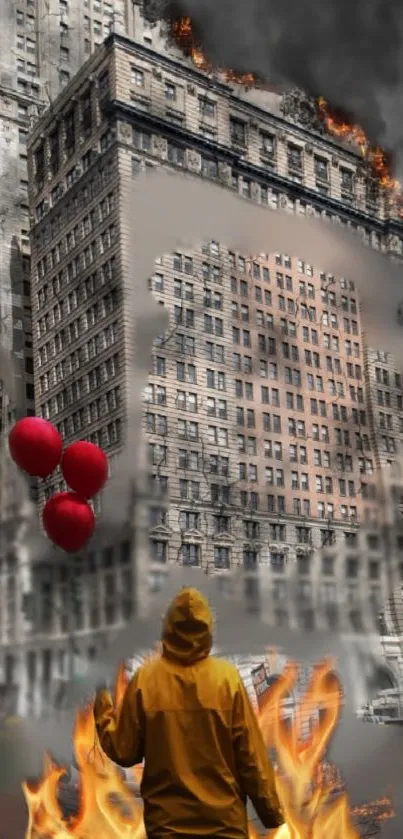 Burning buildings with balloons and flames in urban chaos wallpaper.